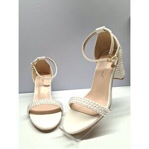 Crystal Queen Ivory Pearl Embellished Ankle Strap Block Heel Sandals 37
